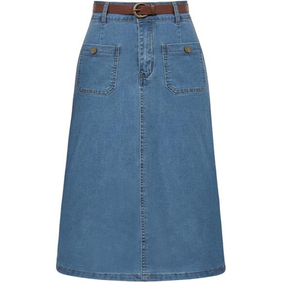 Denim Skirt with Belt Below Knee Length Blue3 - Picture 1 of 5